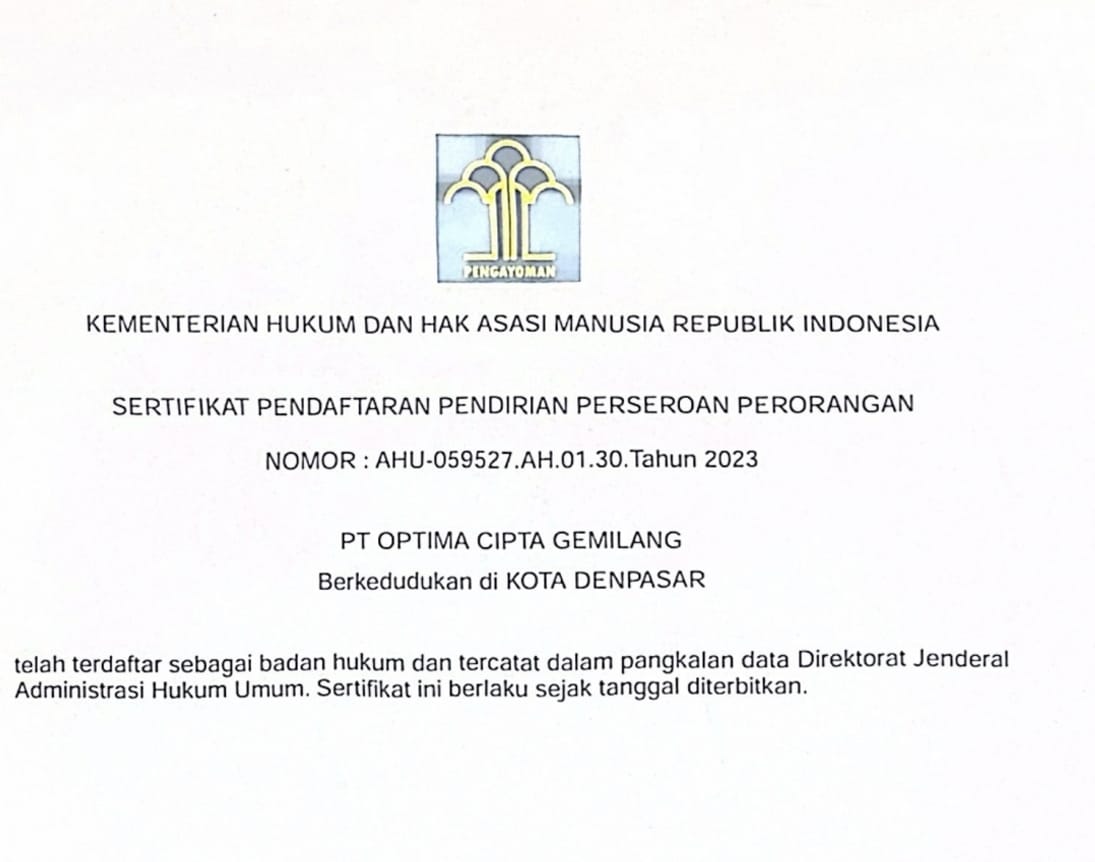 Sertifikat Pendaftaran PT Optima Cipta Gemilang dari Kemenkumham RI