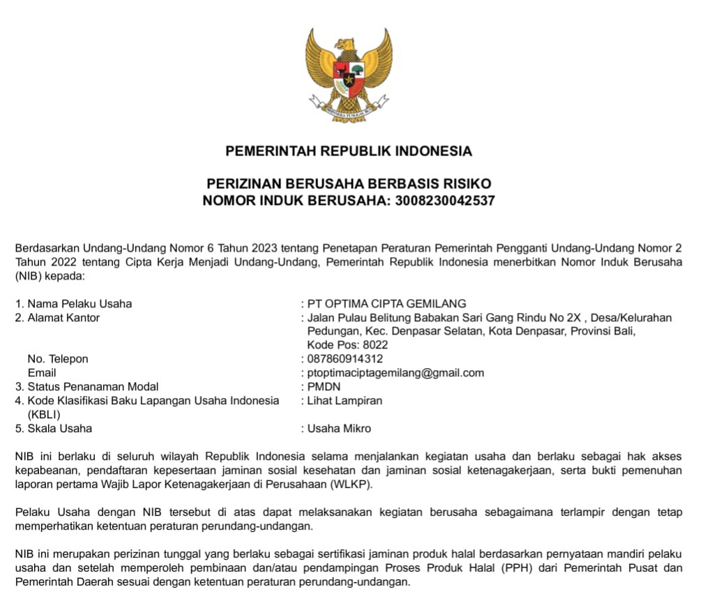 Nomor Induk Berusaha (NIB) PT Optima Cipta Gemilang